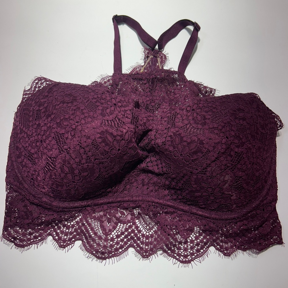 Victorias Secret PINK Lace Bralette Plum Purple High Neck Racerback M (D-DD)